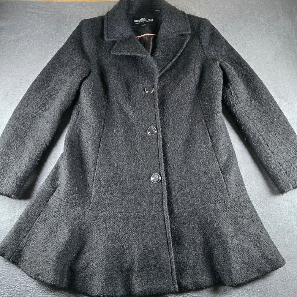 Fleet Street Black Wool Blend Ruffle Hem Peacoat Jacket Womens Large